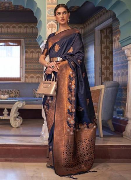 Dark Blue Colour Heavy Wedding Wear Tessar Silk Latest Designer Saree Collection 239001
